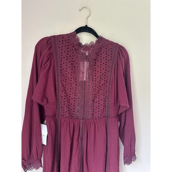Bohme Plum Mini Dress Lace Eyelet Prairie Cottagecore Medium Long Sleeve Raw Hem - Picture 7 of 11